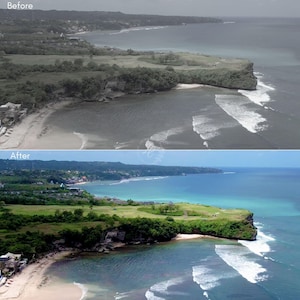 Puede incluir: Imagen dividida que muestra un paisaje costero antes y despu&eacute;s de la correcci&oacute;n de color. La mitad superior est&aacute; en escala de grises, mostrando una playa y acantilados. La mitad inferior revela la misma escena con colores vibrantes: mar azul, acantilados verdes y cielo despejado.