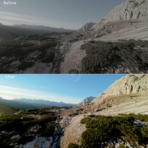 Puede incluir: Imagen dividida que muestra un paisaje monta&ntilde;oso antes y despu&eacute;s de la edici&oacute;n. La mitad superior es una vista en escala de grises de las monta&ntilde;as y el valle. La mitad inferior muestra la misma escena con colores y claridad mejorados, bajo un cielo azul.