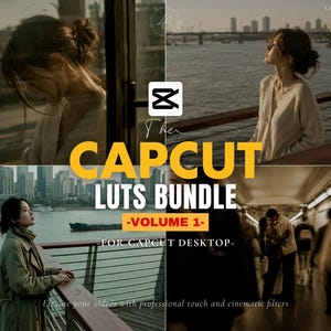 Pode incluir: Imagem promocional para um pacote CapCut LUTS, Volume 1, para desktop. A imagem apresenta quatro painéis com vistas panorâmicas e pessoas. O texto inclui "CAPCUT LUTS BUNDLE" em amarelo e "VOLUME 1" em vermelho, com a frase "Elevate your videos."
