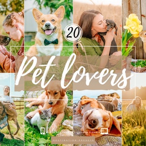 May include: A collage of photos featuring people and their pets. The photos show a variety of animals, including dogs, cats, a donkey, a rabbit, and a bird. The photos are all bright and colorful, and they capture the love and joy that pets bring to our lives.  The text "20 Pet Lovers" is displayed in the center of the collage.