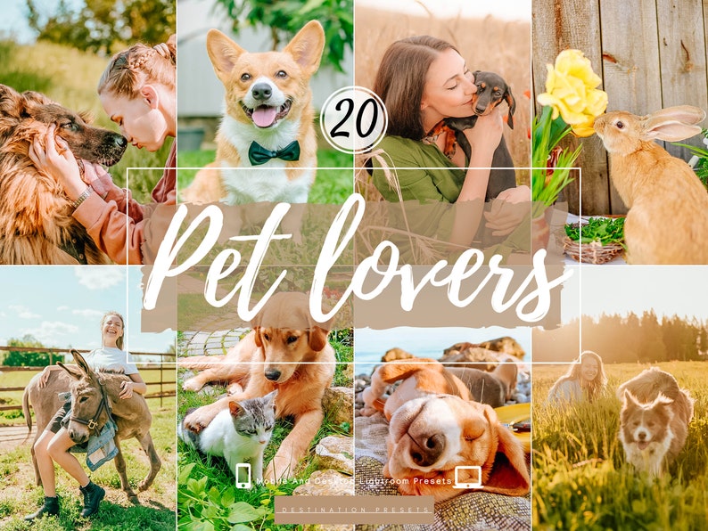 May include: A collage of photos featuring people and their pets. The photos show a variety of animals, including dogs, cats, a donkey, a rabbit, and a bird. The photos are all bright and colorful, and they capture the love and joy that pets bring to our lives.  The text "20 Pet Lovers" is displayed in the center of the collage.