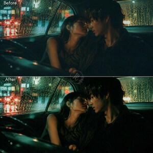 Puede incluir: Escena rom&aacute;ntica dentro de un coche, con un hombre y una mujer abraz&aacute;ndose. La lluvia cae sobre la ventana y las luces de la ciudad se difuminan en el fondo. La imagen tiene un ambiente melanc&oacute;lico y cinematogr&aacute;fico, centrado en el momento &iacute;ntimo de la pareja.