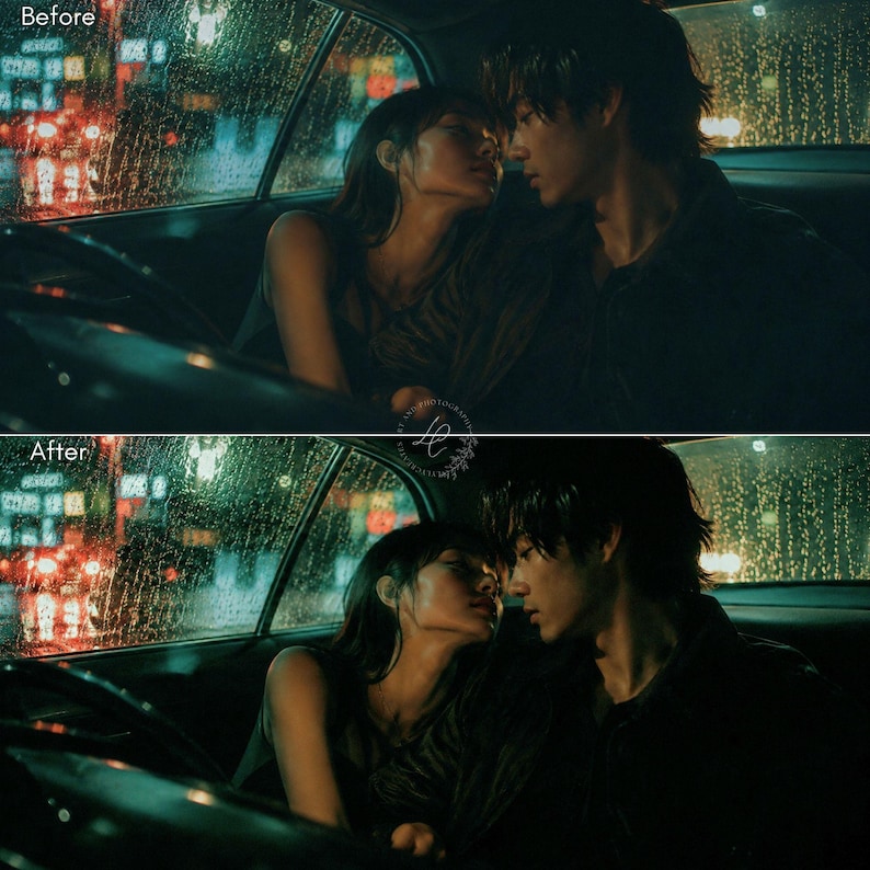 Puede incluir: Escena rom&aacute;ntica dentro de un coche, con un hombre y una mujer abraz&aacute;ndose. La lluvia cae sobre la ventana y las luces de la ciudad se difuminan en el fondo. La imagen tiene un ambiente melanc&oacute;lico y cinematogr&aacute;fico, centrado en el momento &iacute;ntimo de la pareja.