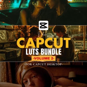 May include: A promotional image for the CapCut LUTS Bundle, Volume 2, designed for desktop use. The image features a couple in a car, a close-up of a person looking in a mirror, and text that reads "Elevate your videos with professional touch and cinematic filters."