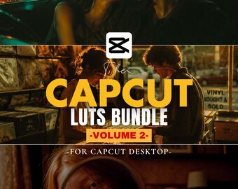 May include: A promotional image for the CapCut LUTS Bundle, Volume 2, designed for desktop use. The image features a couple in a car, a close-up of a person looking in a mirror, and text that reads "Elevate your videos with professional touch and cinematic filters."