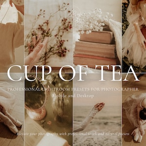 May include: A set of Lightroom presets for photographers, called "Cup of Tea", with a vintage aesthetic. The presets are designed for both mobile and desktop use. The image shows a variety of photos with a warm, soft, and dreamy look.