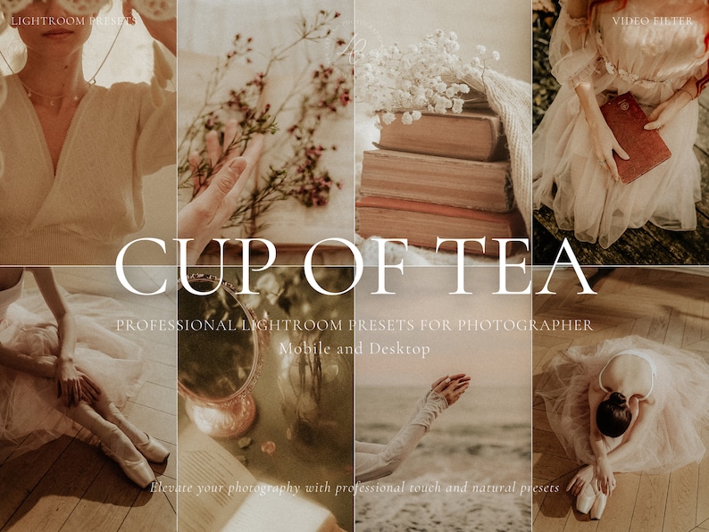 May include: A set of Lightroom presets for photographers, called "Cup of Tea", with a vintage aesthetic. The presets are designed for both mobile and desktop use. The image shows a variety of photos with a warm, soft, and dreamy look.
