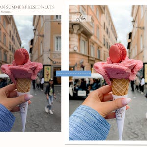 May include: A hand holds a waffle cone filled with pink ice cream and topped with a pink macaron. The image is set against a European street scene. Text at the top reads "EUROPEAN SUMMER PRESETS+LUTS Desktop and Mobile".