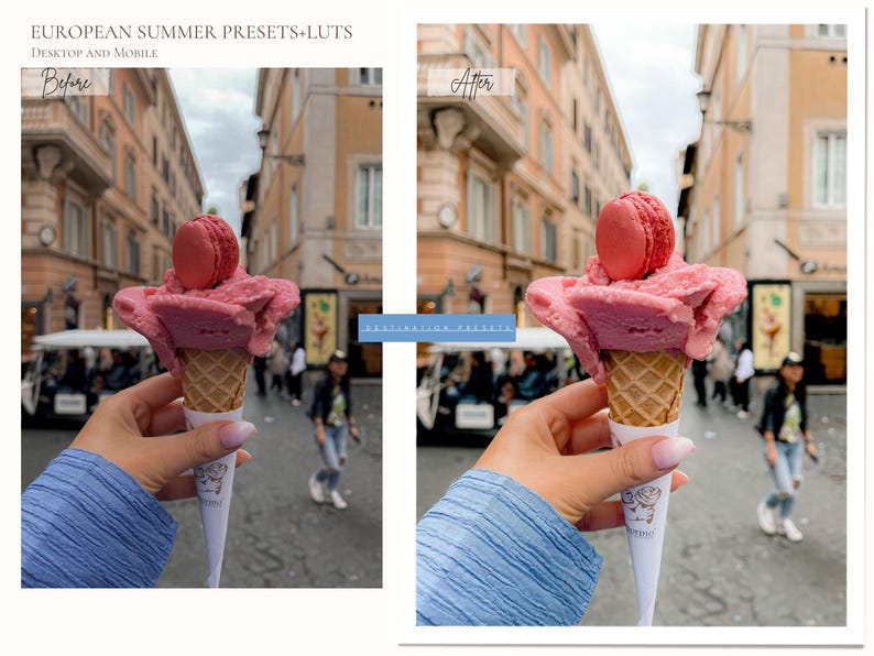 May include: A hand holds a waffle cone filled with pink ice cream and topped with a pink macaron. The image is set against a European street scene. Text at the top reads "EUROPEAN SUMMER PRESETS+LUTS Desktop and Mobile".