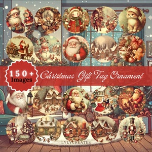 150 étiquettes pour cadeaux de Noël ornement, sublimation PNG, cadeau de Noël vintage, ornement rond, lot de Noël imprimable, Noël fantaisiste