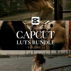 Pode incluir: Uma imagem que promove um produto de edição de vídeo. O texto diz "The CAPCUT LUTS BUNDLE - VOLUME 1 - FOR CAPCUT DESKTOP." A imagem apresenta uma mulher e uma paisagem urbana, com as palavras "Elevate your videos with professional touch and cinematic filters."
