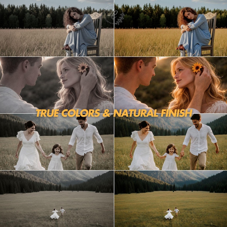 Puede incluir: Una colecci&oacute;n de fotograf&iacute;as que muestran diversas escenas. Una imagen presenta a una persona con un vestido azul sentada en una silla en un campo. Otras im&aacute;genes muestran parejas y familias en entornos al aire libre. El texto "TRUE COLORS & NATURAL FINISH" est&aacute; presente.