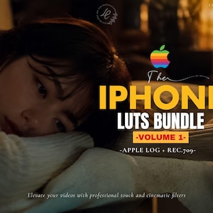 May include: A digital product graphic titled The IPHONE LUTS BUNDLE -VOLUME 1- APPLE LOG + REC.709 featuring a rainbow-colored Apple logo. The text is displayed in bold yellow and white against a dark, warm-toned background image.