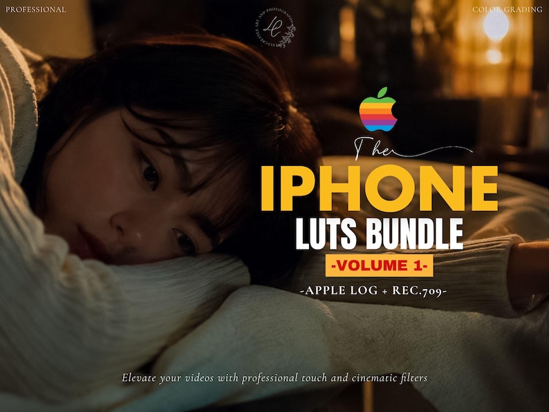 May include: A digital product graphic titled The IPHONE LUTS BUNDLE -VOLUME 1- APPLE LOG + REC.709 featuring a rainbow-colored Apple logo. The text is displayed in bold yellow and white against a dark, warm-toned background image.