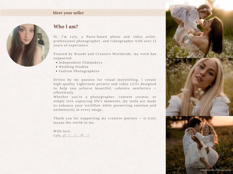 May include: A webpage titled "Meet your seller" features a photo of a woman, Lyly, a Paris-based photographer. The text describes her experience and services, including Lightroom presets and video LUTs. The page includes sample photos of her work.