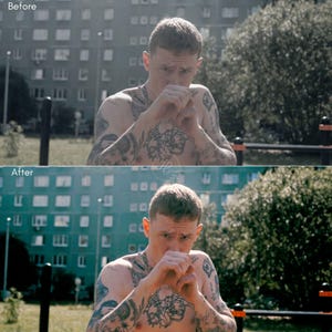 May include: A split-screen image showing a man with tattoos on his chest and arms. The top image is a before shot, and the bottom image is an after shot. The man is outdoors, with a building and trees in the background.