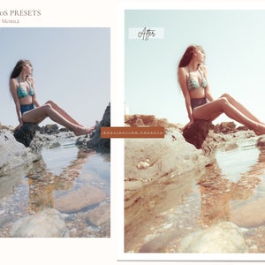 Puede incluir: Una imagen de antes y despu&eacute;s que muestra a una mujer sentada en una roca junto al agua. La imagen de la izquierda es la imagen de antes y la imagen de la derecha es la imagen de despu&eacute;s. La imagen de despu&eacute;s tiene un filtro vintage aplicado.