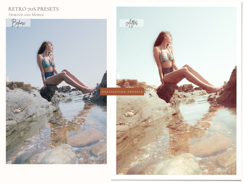 Puede incluir: Una imagen de antes y despu&eacute;s que muestra a una mujer sentada en una roca junto al agua. La imagen de la izquierda es la imagen de antes y la imagen de la derecha es la imagen de despu&eacute;s. La imagen de despu&eacute;s tiene un filtro vintage aplicado.