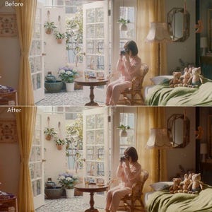 May include: A person in pink pajamas sits in a wicker chair, holding a camera. The scene is bathed in soft light, with a bed covered in a green blanket and stuffed animals. A small round table and open doors lead to a patio.