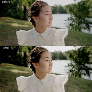 Puede incluir: Una mujer con una camisa blanca con cuello y mangas con volantes, de pie al aire libre cerca de un lago. La imagen est&aacute; dividida, con los textos "Antes" y "Despu&eacute;s", sugiriendo una comparaci&oacute;n de edici&oacute;n de fotos.
