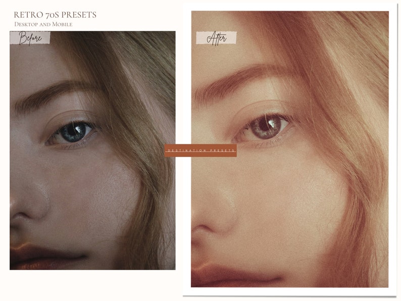 Puede incluir: Imagen antes y despu&eacute;s que muestra un preajuste de edici&oacute;n de fotos aplicado al rostro de una mujer. El preajuste agrega un filtro c&aacute;lido vintage a la imagen, haciendo que los tonos de piel parezcan m&aacute;s dorados y que la imagen general tenga una sensaci&oacute;n m&aacute;s suave y nost&aacute;lgica.