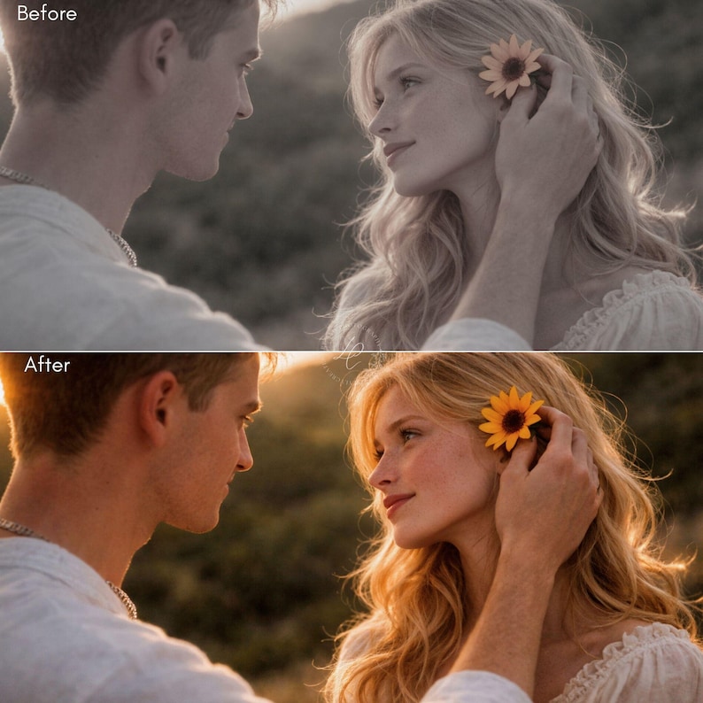 Puede incluir: Imagen dividida que muestra un antes y un despu&eacute;s de una pareja en un campo. La versi&oacute;n "antes" es en blanco y negro, mientras que la versi&oacute;n "despu&eacute;s" es en color. La mujer tiene cabello rubio y una flor amarilla.