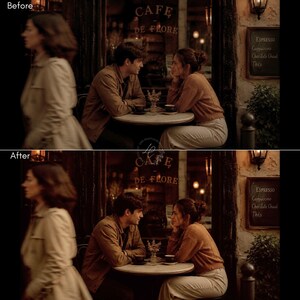 Puede incluir: Escena rom&aacute;ntica en un caf&eacute;. Una pareja est&aacute; sentada a una peque&ntilde;a mesa redonda, conversando. El exterior del caf&eacute; presenta un letrero que dice "CAFE DE FLORE" y una pizarra de men&uacute; con "ESPRESSO" y otras opciones de caf&eacute;. La paleta de colores es c&aacute;lida y acogedora.