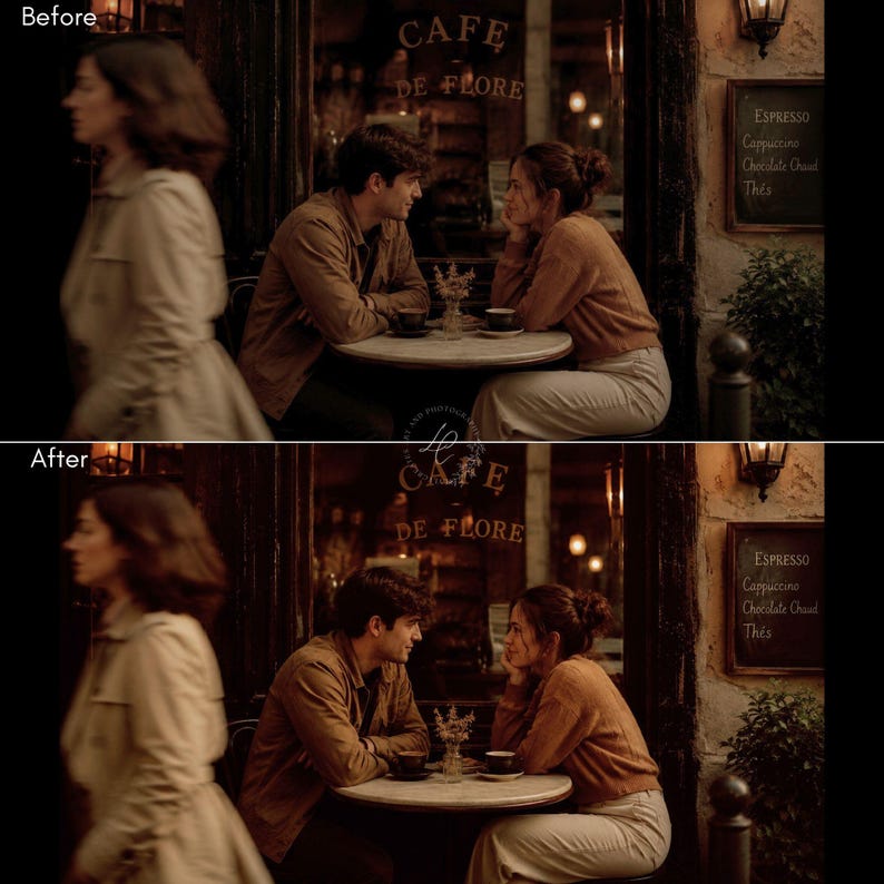 Puede incluir: Escena rom&aacute;ntica en un caf&eacute;. Una pareja est&aacute; sentada a una peque&ntilde;a mesa redonda, conversando. El exterior del caf&eacute; presenta un letrero que dice "CAFE DE FLORE" y una pizarra de men&uacute; con "ESPRESSO" y otras opciones de caf&eacute;. La paleta de colores es c&aacute;lida y acogedora.
