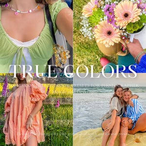 Peut inclure: Un collage de quatre images aux couleurs vives. En haut à gauche, un haut vert et un collier de perles. En haut à droite, un bouquet de fleurs roses et jaunes. En bas à gauche, une robe pêche. En bas à droite, deux personnes s'embrassant sur la plage. Le texte "TRUE COLORS" est superposé aux images.