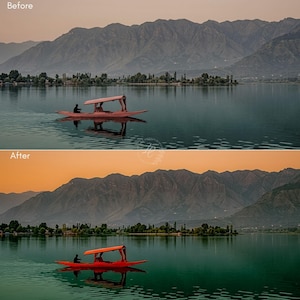 May include: A split-screen comparison showing a red shikara boat on a calm lake with mountains in the background. The top panel features a muted, hazy sky, while the bottom panel displays a vibrant, warm orange sunset sky and enhanced colors.