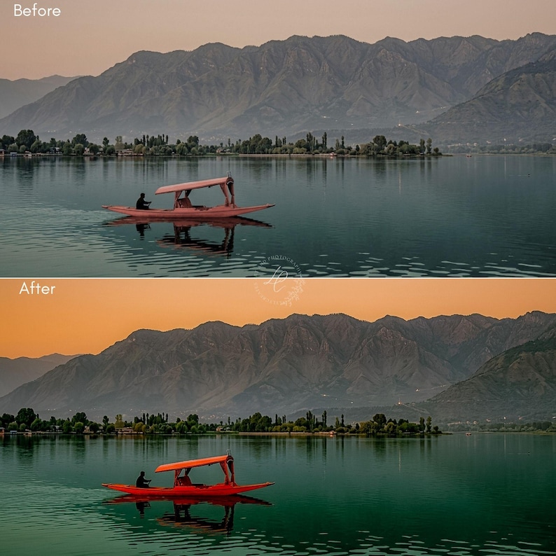 May include: A split-screen comparison showing a red shikara boat on a calm lake with mountains in the background. The top panel features a muted, hazy sky, while the bottom panel displays a vibrant, warm orange sunset sky and enhanced colors.