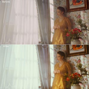 Puede incluir: Imagen dividida que muestra a una mujer con un vestido amarillo, de pie cerca de una ventana con cortinas transparentes. La mitad superior est&aacute; etiquetada como "Antes", y la inferior como "Despu&eacute;s", lo que sugiere una edici&oacute;n fotogr&aacute;fica. Tambi&eacute;n se ven una pintura y flores.