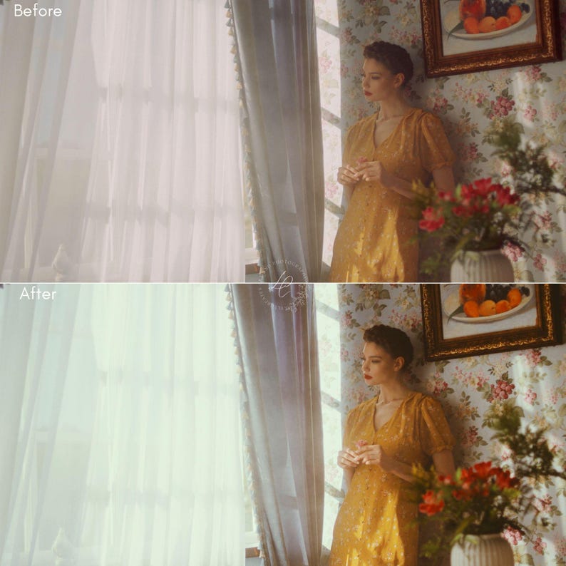 Puede incluir: Imagen dividida que muestra a una mujer con un vestido amarillo, de pie cerca de una ventana con cortinas transparentes. La mitad superior est&aacute; etiquetada como "Antes", y la inferior como "Despu&eacute;s", lo que sugiere una edici&oacute;n fotogr&aacute;fica. Tambi&eacute;n se ven una pintura y flores.