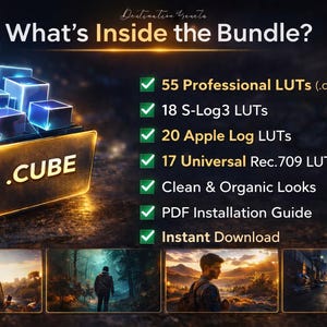 Puede incluir: Gr&aacute;fico de un paquete de productos digitales con el texto "What's Inside the Bundle?" y una carpeta brillante etiquetada ".CUBE". Incluye una lista de caracter&iacute;sticas e im&aacute;genes de ejemplo.