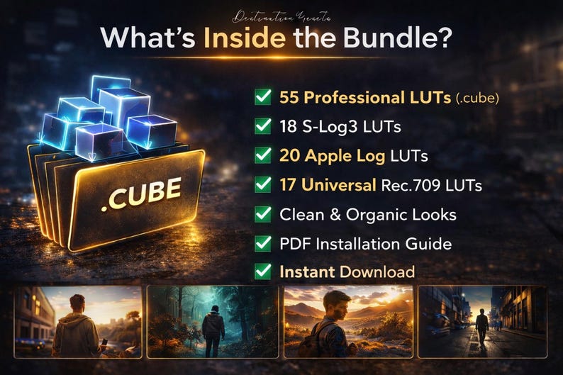 Puede incluir: Gr&aacute;fico de un paquete de productos digitales con el texto "What's Inside the Bundle?" y una carpeta brillante etiquetada ".CUBE". Incluye una lista de caracter&iacute;sticas e im&aacute;genes de ejemplo.