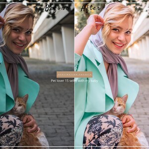 May include: A woman wearing a light blue jacket and a gray scarf is holding a ginger cat. The cat is sitting on her lap. The woman is smiling and looking at the camera. The text "Pet lover 15 selfie with my baby" is written on a brown rectangle in the bottom center of the image.