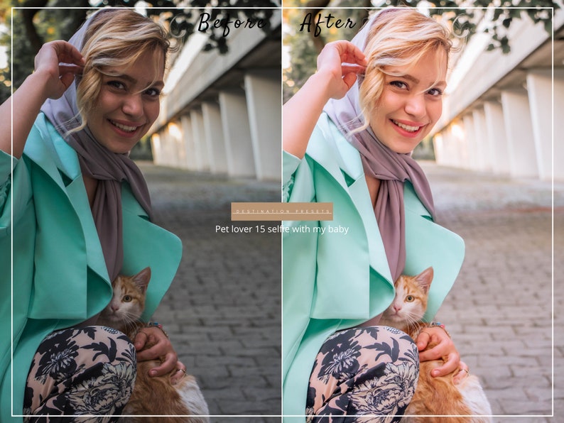 May include: A woman wearing a light blue jacket and a gray scarf is holding a ginger cat. The cat is sitting on her lap. The woman is smiling and looking at the camera. The text "Pet lover 15 selfie with my baby" is written on a brown rectangle in the bottom center of the image.