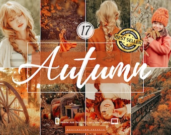May include: A set of 17 autumn-themed Lightroom presets for mobile and desktop. The presets feature warm, earthy tones and a vintage aesthetic. The image includes a variety of scenes, including a woman in a forest, a child in a field, and a train crossing a bridge.