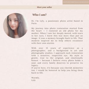 May include: A webpage promoting photo restoration services. The page features a photo of Lyly, a photo artist based in Paris, along with text describing her passion for restoring old photos and her experience. The page includes the text "PHOTO RESTORATION & COLORIZATION".
