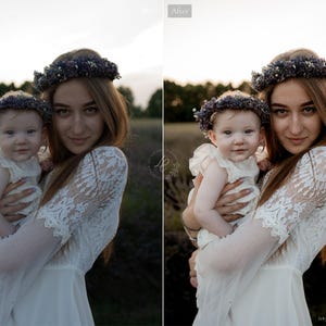 May include: A woman holding a baby, both wearing floral crowns. The woman is wearing a white dress with lace sleeves. The baby is wearing a white outfit. The background is a field of lavender.