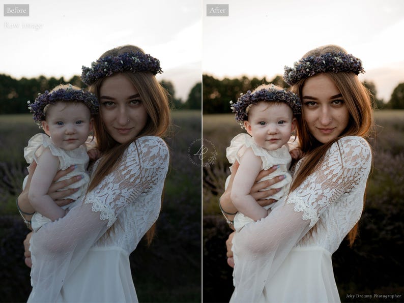 May include: A woman holding a baby, both wearing floral crowns. The woman is wearing a white dress with lace sleeves. The baby is wearing a white outfit. The background is a field of lavender.