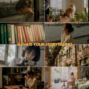 May include: A collage of images with a warm, vintage aesthetic. The scenes include a person looking out a window, a cat on a wooden surface, a bookshelf with old books, and a person holding a camera. Text reads "ELEVATE YOUR STORYTELLING."