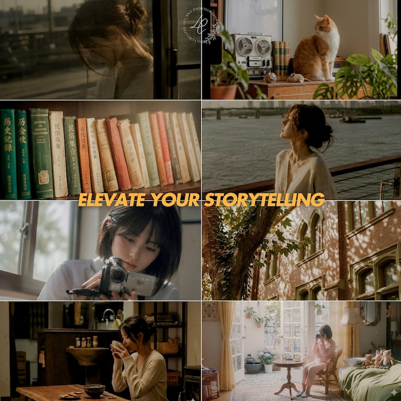 May include: A collage of images with a warm, vintage aesthetic. The scenes include a person looking out a window, a cat on a wooden surface, a bookshelf with old books, and a person holding a camera. Text reads "ELEVATE YOUR STORYTELLING."