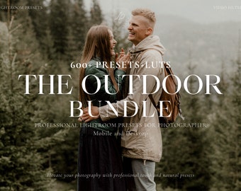May include: A couple in a forest setting with the text "600+ PRESETS+LUTS THE OUTDOOR BUNDLE PROFESSIONAL LIGHTROOM PRESETS FOR PHOTOGRAPHER Mobile and Desktop Elevate your photography with professional touch and natural presets" on the image.