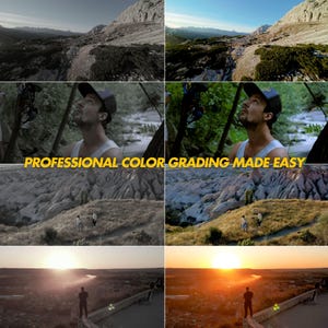 Puede incluir: Imagen dividida que muestra ejemplos de gradaci&oacute;n de color antes y despu&eacute;s. La fila superior presenta paisajes monta&ntilde;osos, la fila central muestra a un hombre mirando hacia arriba y la fila inferior muestra una puesta de sol. El texto dice "PROFESSIONAL COLOR GRADING MADE EASY".