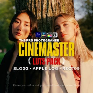 Pode incluir: Duas mulheres posam perto de uma árvore, com o texto "CINEMASTER LUTS PACK" em amarelo. A imagem inclui o texto "SLOG3 • APPLE LOG • REC709" e "Elevate your videos with professional touch and natural filters."