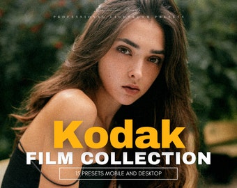 Könnte beinhalten: Eine Frau mit langen braunen Haaren blickt in die Kamera. Der Text "Kodak FILM COLLECTION" ist in weißen Buchstaben auf gelbem Hintergrund. Unter dem Text befindet sich ein weißes Rechteck mit dem Text "15 PRESETS MOBILE AND DESKTOP" in schwarzen Buchstaben.