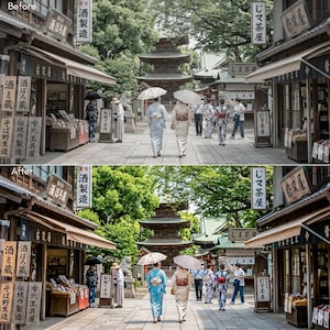 May include: A split-view comparison of a traditional Japanese street scene featuring wooden storefronts with Japanese signage, stone pathways, and people walking in kimonos under umbrellas, leading toward a multi-tiered wooden pagoda structure.