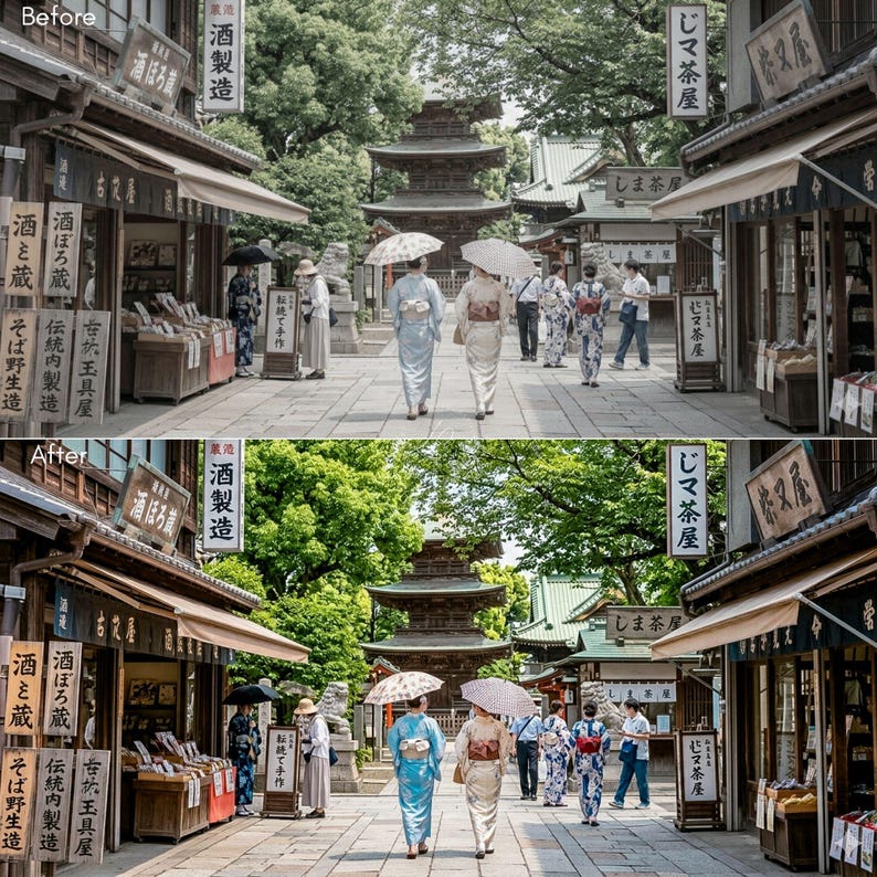 May include: A split-view comparison of a traditional Japanese street scene featuring wooden storefronts with Japanese signage, stone pathways, and people walking in kimonos under umbrellas, leading toward a multi-tiered wooden pagoda structure.