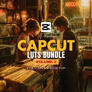 Puede incluir: Imagen promocional de "The CapCut Luts Bundle - Volume 2" para CapCut Desktop. La imagen muestra a dos personas en una tienda de discos, con texto superpuesto en amarillo y blanco. Promociona filtros de edici&oacute;n de v&iacute;deo profesionales.